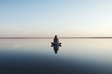 A serene moment of a person on a calm water surface reflecting the vast sky, evoking feelings of tranquility and introspection.