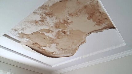 Peeling paint and water marks on a white ceiling highlight the extent of water damage requiring urgent repair.