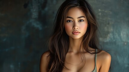 Fototapeta premium A captivating portrait of a young woman with long hair, showcasing natural beauty against a textured background.