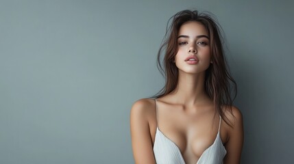 Fototapeta premium A chic portrait of a young woman with natural beauty, showcasing elegance and confidence against a muted backdrop.