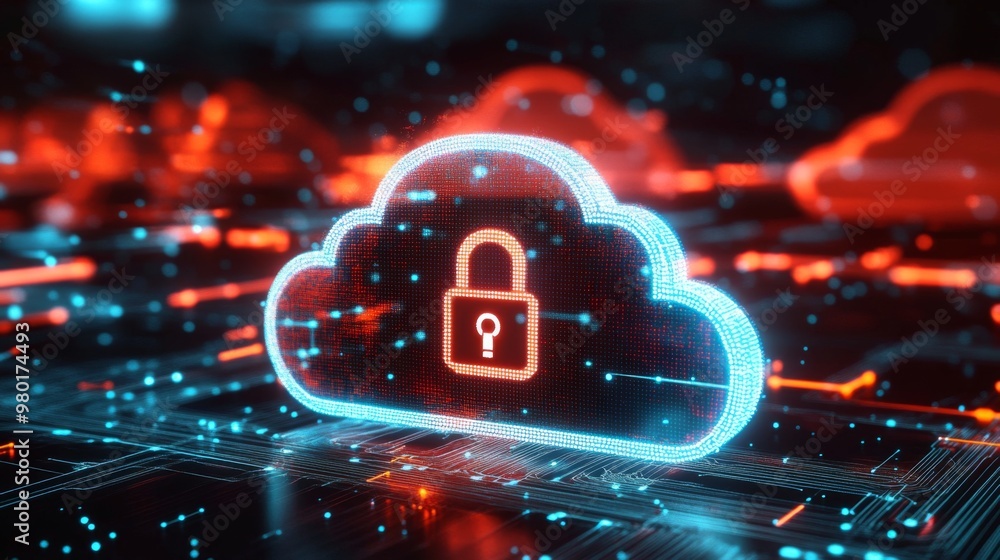Poster cybersecurity in cloud environments depicted through a cloud and secure padlock illustration