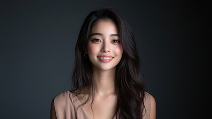 Naklejka premium A portrait of a smiling woman with long hair against a dark background, exuding confidence and warmth.