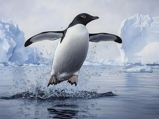 Obraz premium A graceful penguin leaps from the icy water, showcasing its agility amidst stunning Antarctic scenery.