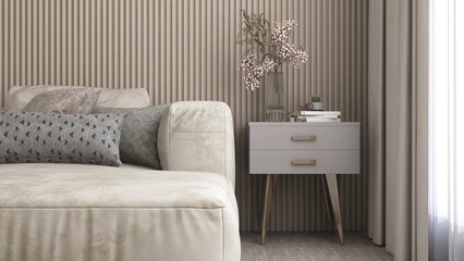 Close up of side table by daybed sofa with cushion in sunlight on brown wood panel wall from white sheer curtain for interior design decoration, product background 3D