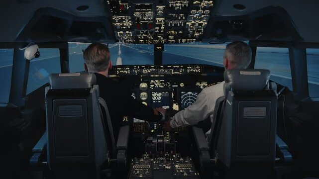 Airplane Cockpit for Aviation Pilot and Flight Navigation of Pilotage. Aircrew of Two Aviators in Cabin Taking Plane Off City Port. Men of Fly Industry Study to Piloting Flying Aeroplan on Simulator