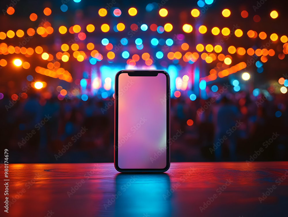 Poster a smartphone sits prominently on a table, surrounded by colorful bokeh lights in a festive atmospher
