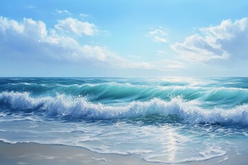 A Blue Sky, White Clouds, and Waves Crashing On Shore