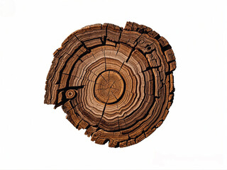 A weathered tree cross-section showcasing detailed rings and cracks, representing age and growth patterns on white.