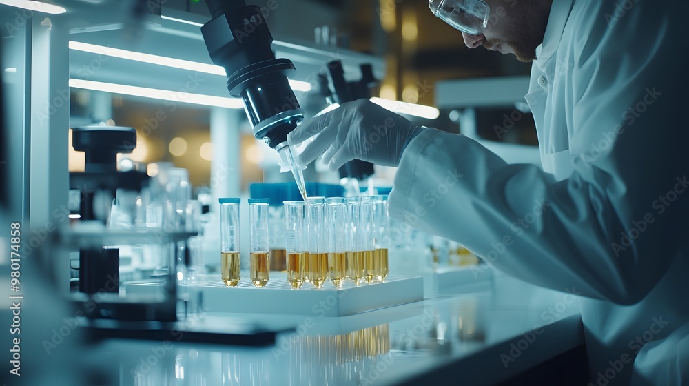 Poster scientist in lab coat using a pipette to fill test tubes with yellow liquid