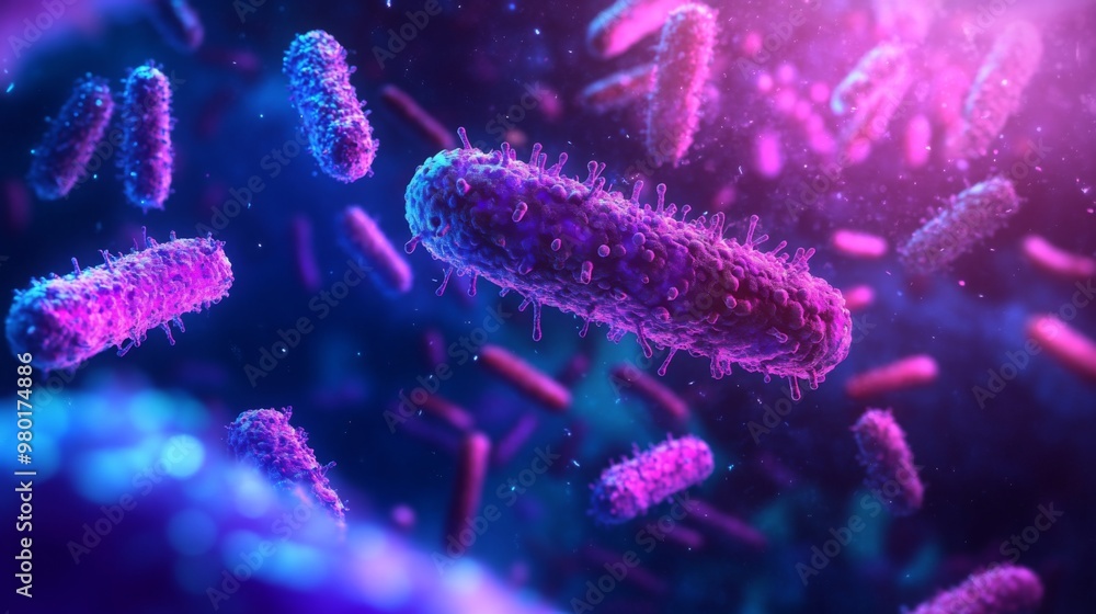 Poster this visual showcases bacteria displaying vibrant colors floating in a dynamic environment, illumina
