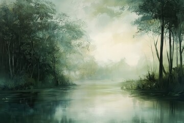 Misty Forest River Landscape with Trees Reflecting in Water