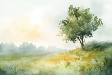 Watercolor Painting of a Lone Tree in a Field