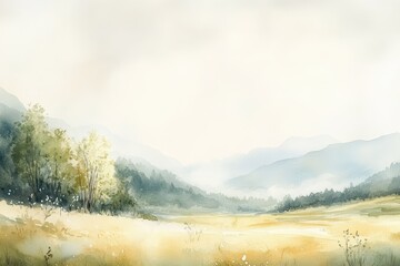 Watercolor Landscape with Misty Mountains and a Field of Grass