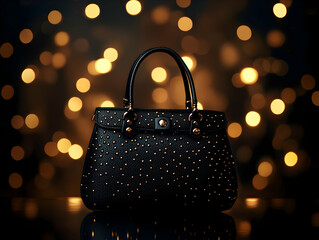 Elegant black handbag adorned with sparkling details, set against a dreamy bokeh background, perfect for fashion enthusiasts.