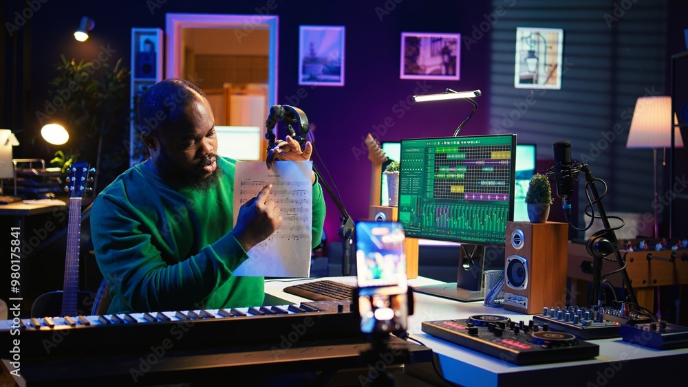 Poster Skilled performer explaining sheet with musical notes on online video tutorial, internet lessons in home studio. Producer artist teaching how to read acoustical notation, playing piano. Camera B.
