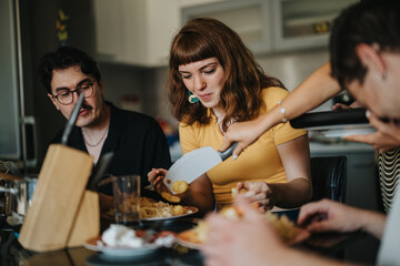 A group of friends gather around a table in a kitchen, sharing a homemade meal and enjoying each other's company. Laughter and conversation fill the room as they dine together.