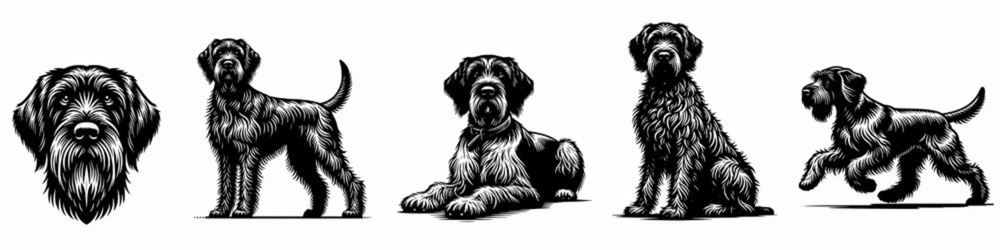 Set of wirehaired pointing griffon vector silhouette illustration collection set, dog breed clip art design element bundle 