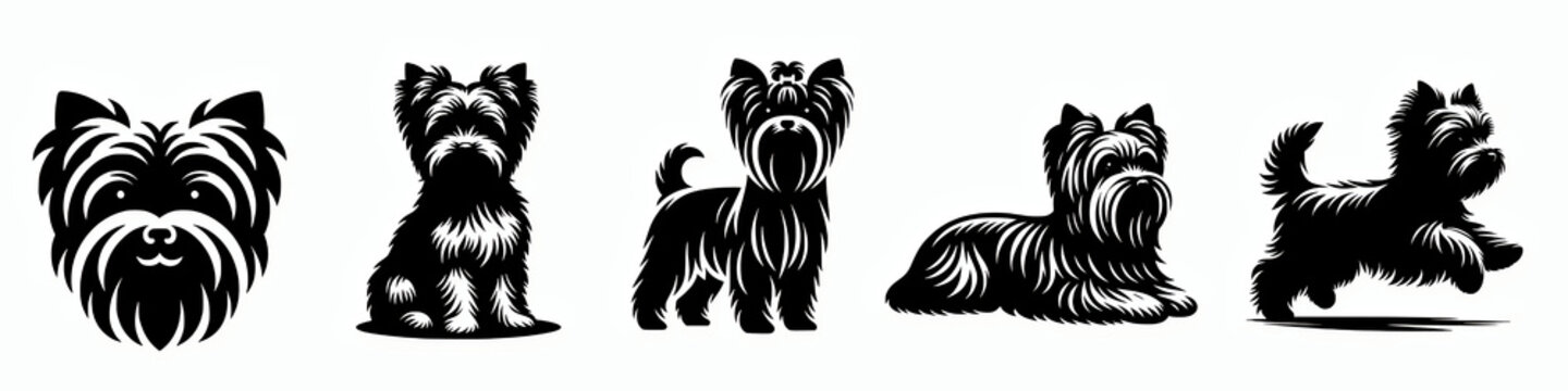 Set of yorkshire terrier vector silhouette illustration, cute yorkie dog breed clip art element design 