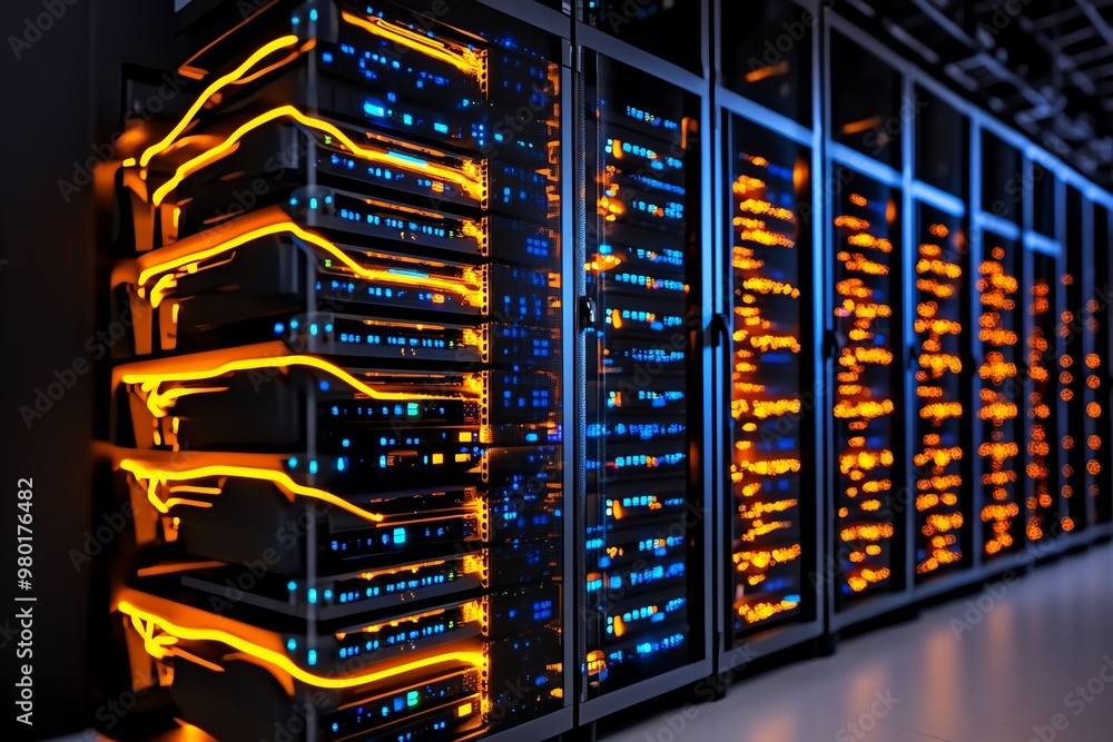 Poster A set of stacked server racks, glowing with activity lights, symbolizing a data center filled with databases
