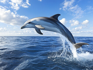 Fototapeta premium A lively dolphin leaps gracefully above the ocean surface against a backdrop of clear skies and soft clouds.