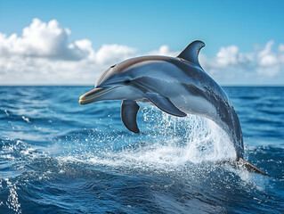 Fototapeta premium A dynamic dolphin leaps out of the sparkling ocean, showcasing its playful nature against a bright blue sky.