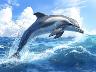 Obraz premium A magnificent dolphin leaps gracefully from the ocean waves, showcasing its agility against a backdrop of blue skies and fluffy clouds.