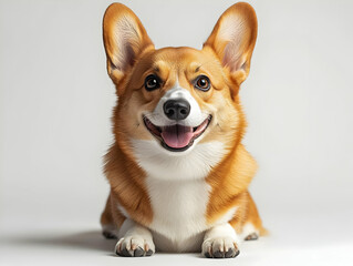 A cheerful corgi dog laying down with a happy expression, perfect for showcasing pet companionship and joy.
