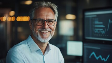 Confident mature business professional smiling in modern office with stock market charts on screens in the background.