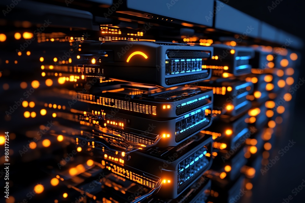 Poster A set of stacked server racks, glowing with activity lights, symbolizing a data center filled with databases