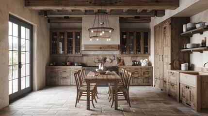 Cozy rustic kitchen showcasing wooden cabinets, durable stone countertops, and a large farmhouse table, perfect for a homey and inviting environment.