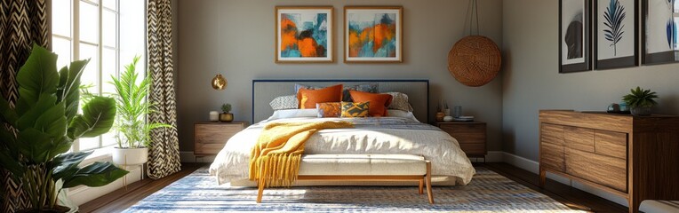 Cozy bedroom with modern decor, plants, and vibrant artwork.