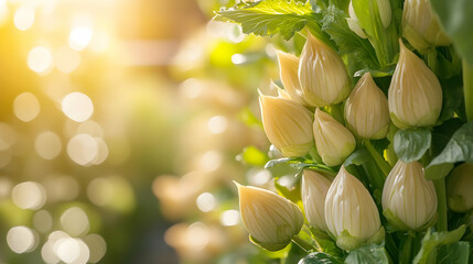 Beautiful close-up of blooming flower buds in soft sunlight, perfect for nature and floral-themed projects.