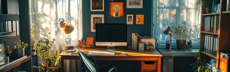 A cozy home office with plants, a desk, and a computer, designed for productivity and comfort.