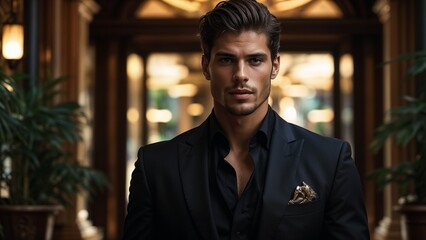 
handsome man in a black suit - heartthrob man - rich man - stylish man. man in black - gentleman, charming guy, 
