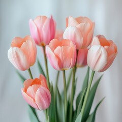 Fototapeta premium Soft Pastel Tulips with Gentle Pink and Peach Hues in Bokeh Background