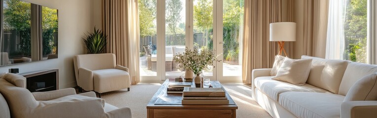 Fototapeta premium A bright, modern living room with comfortable seating and natural light.