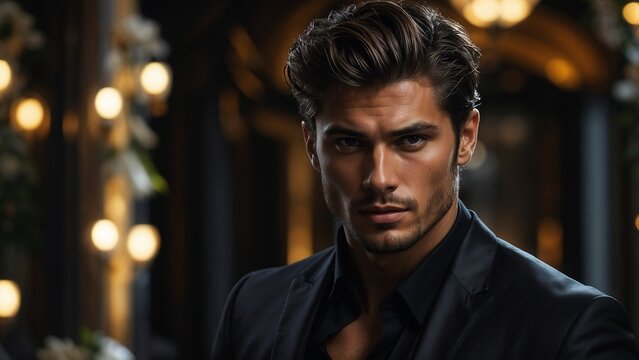 
handsome man in a black suit - heartthrob man - rich man - stylish man. man in black - gentleman - charming man. sexy man.
