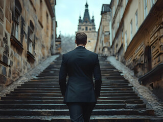Fototapeta premium A man in a suit ascending stone stairs, framed by historic architecture, embodying ambition and elegance in a serene setting.