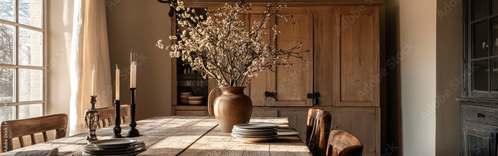 Canvas Prints A rustic dining area featuring a wooden table, decorative vase, and warm, inviting ambiance.