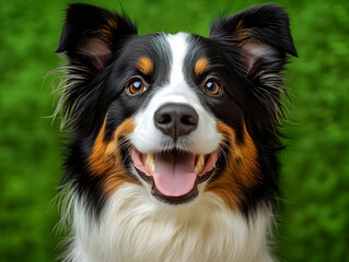 Fototapeta premium A happy dog with a bright smile and striking coat, set against a vibrant green background.