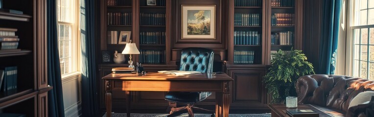 A classic office setting with a desk, bookshelves, and a comfortable chair.