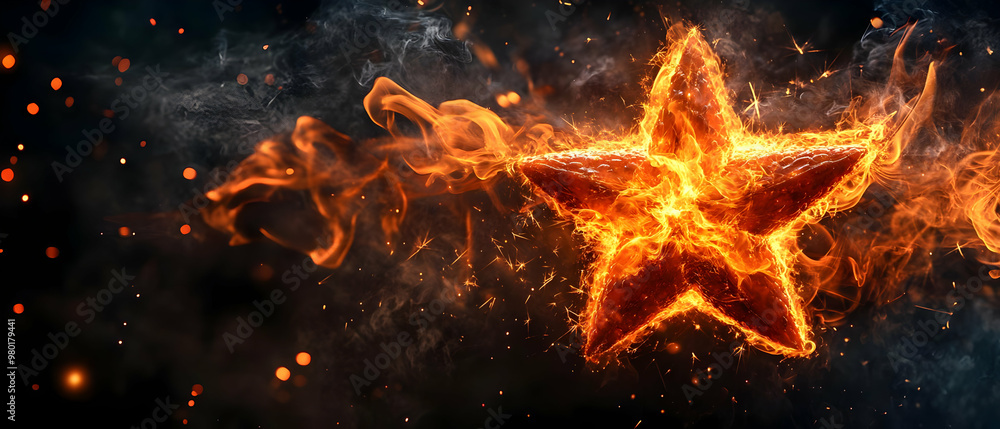 Poster A glowing star surrounded by fiery sparks and cosmic elements, creating a mesmerizing visual effect in the dark space.