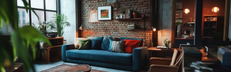 Cozy living room with a blue sofa, warm lighting, and brick walls, creating a welcoming atmosphere.