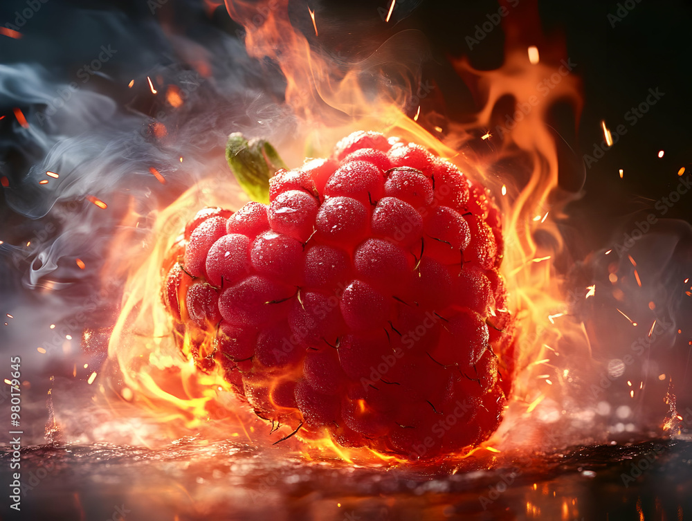 Poster a vibrant raspberry engulfed in flames, showcasing a stunning blend of nature and fiery elements for
