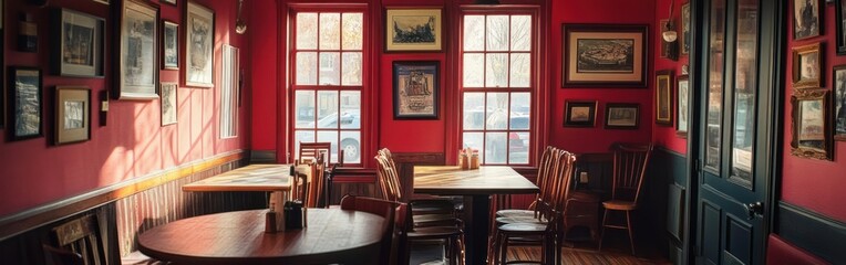 A cozy restaurant interior with wooden tables, chairs, and framed artwork on red walls.