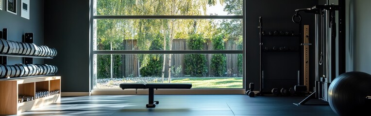 A modern home gym featuring weights, a bench, and large windows for natural light.