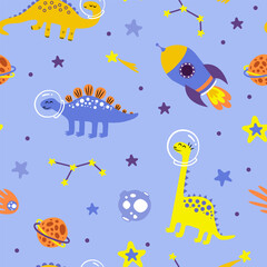 Obraz premium Childish Dinosaurs in the space seamless pattern. Cute colorful cartoon, Dinos around planers and stars in flat style.