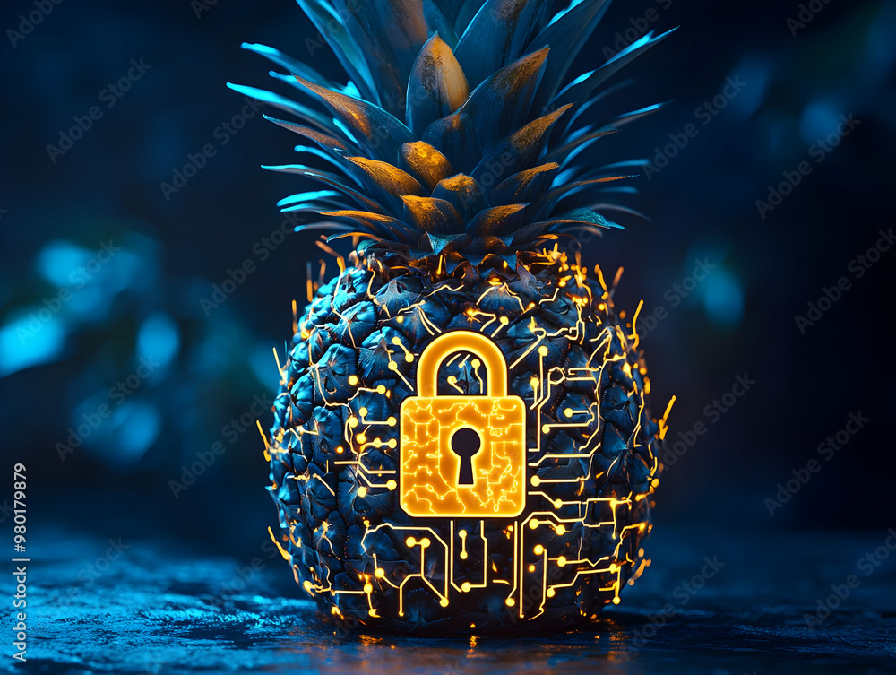 Poster a digital pineapple with a glowing lock symbol, representing cybersecurity and technology in a fresh