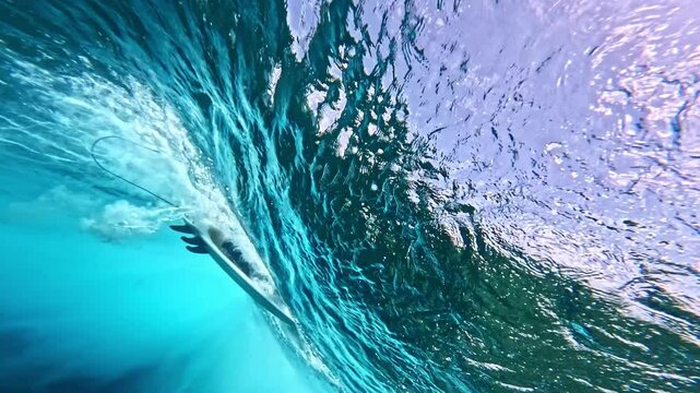 Underwater Hawaii 4k. Beautiful ocean wave, powerful wave breaking in slow motion. North shore Pipeline, Oahu. Adventure action water sports travel, surf destination.