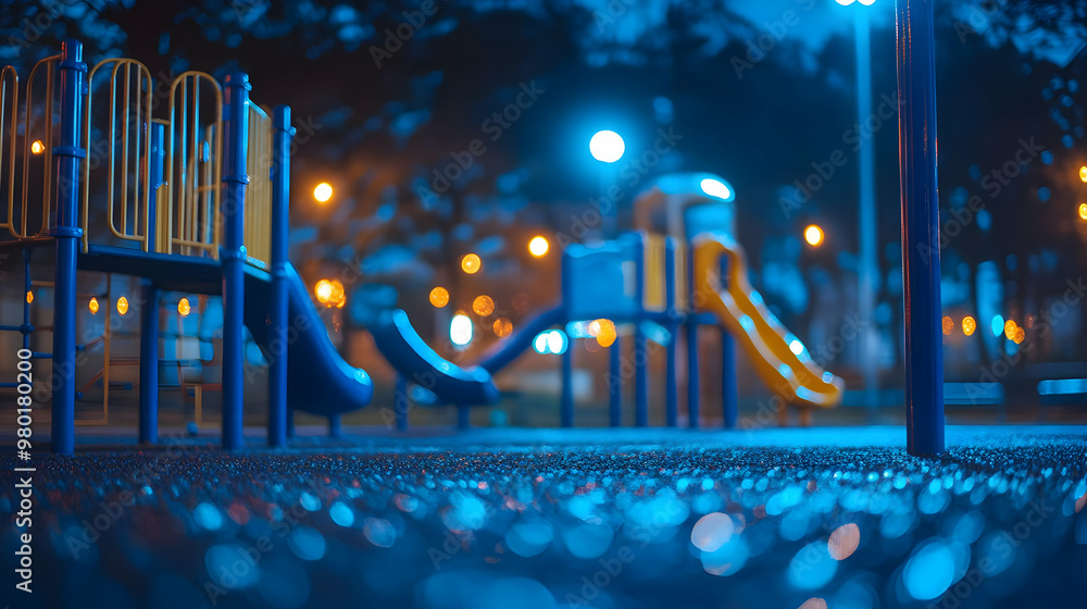 Aufkleber a serene nighttime view of an empty playground illuminated by soft, colorful lights, creating a calm